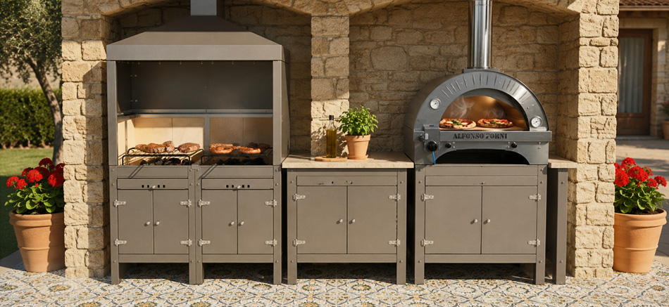 Cucina outdoor strutturata con Barbecue Doppia brace, e Forno Alfonso 4 pizzeibrido