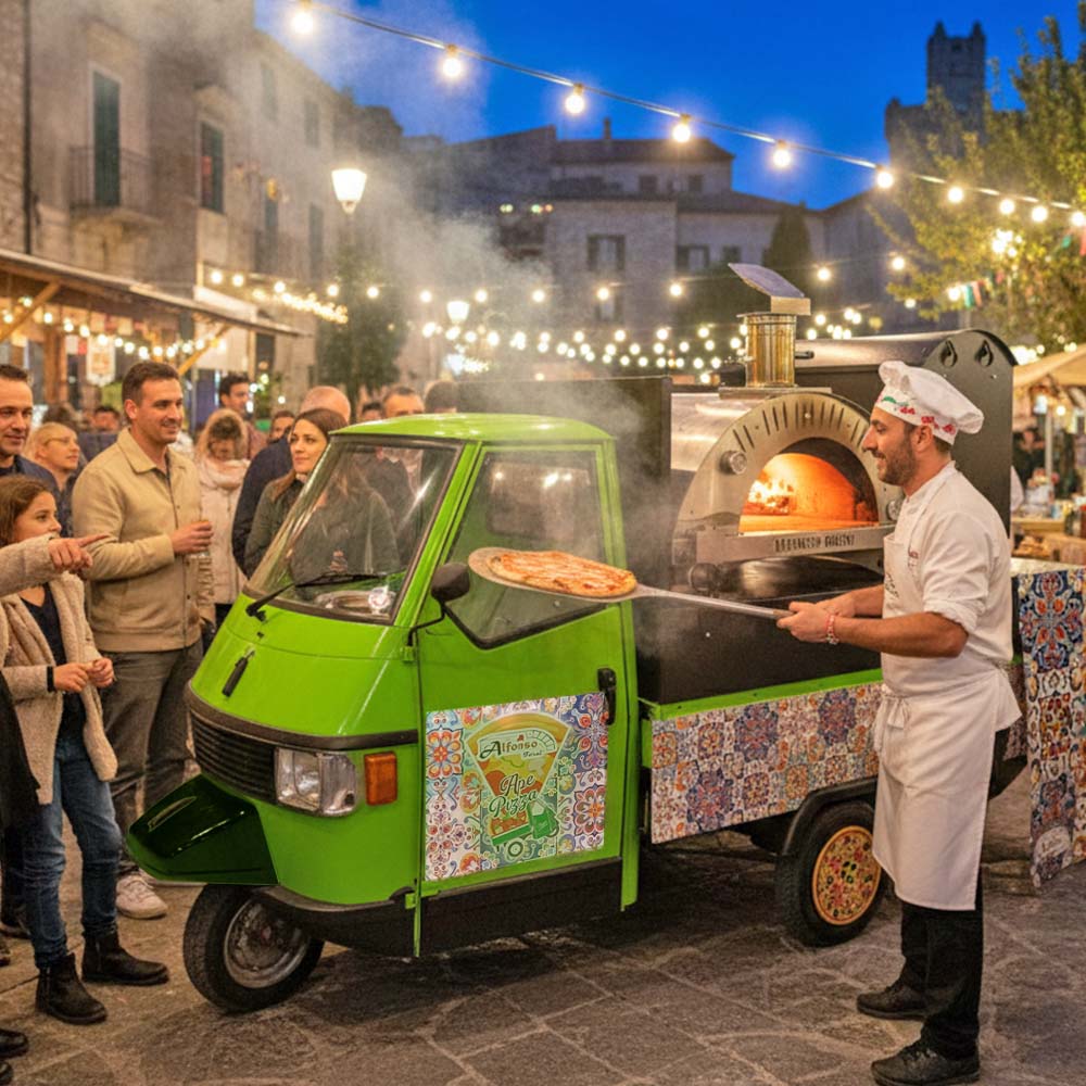 Ape Verde Fluo con Forno ibrido a Legna/Gas Alfonso 6 Pizze Professionale