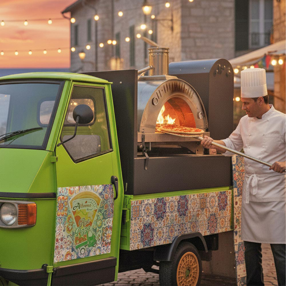 Dettaglio Ape Verde Fluo con forno ibrido Alfonso 6 pizze